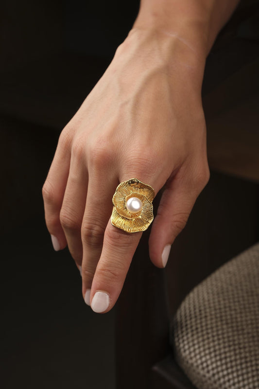 Handmade Genuine Pearl Ring Flower Design & Antique Looking And Vintage Style Timeless Gold Plated Adjustable , Elegant Bold  Jewelry Gift