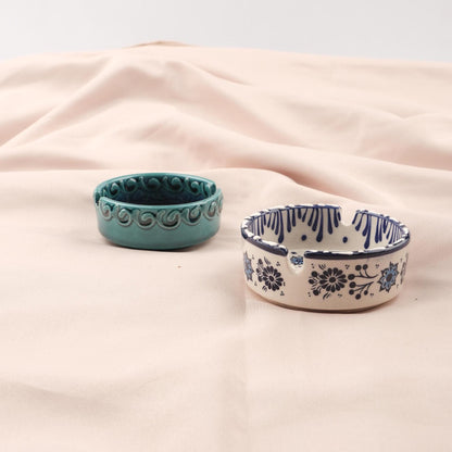BUY 1 GET 1 Autumn Horizon – Gray & Blue Mandala Ashtray Set of 2, Handmade Anatolian Ceramic, Rustic Boho Decor