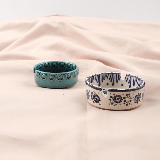 BUY 1 GET 1 Autumn Horizon – Gray & Blue Mandala Ashtray Set of 2, Handmade Anatolian Ceramic, Rustic Boho Decor