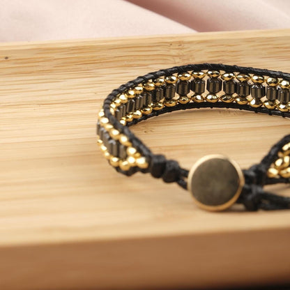 Luxury Stone of Power, Hematite & Gold Beaded Leather Bracelet for Men, Crystal Wristband Gift, Elegant Masculine Jewelry, 21cm / 8.26in
