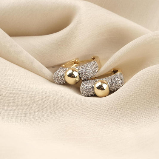 Gold Plated Silver Stud Earrings with Mini Diamond Detailing, Classic Hoop Design, Art Deco Style, Luxury Look, Hypoallergenic and Timeless