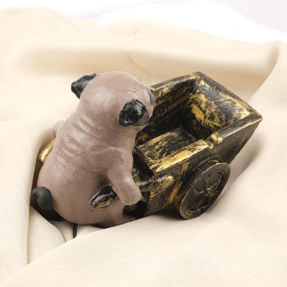 Gray Pug Dog Ashtray in Rustic Cart, Unique Animal Lover Smoking Tray, Handmade Whimsical Gift  Decorative Art Piece, 16x9x12cm