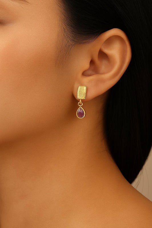 Handmade Gold Plated Stud Earrings with Birthstone Amethyst Gemstone, Elegant Drop Design, Antique Looking Jewelry, Unique Gift for Her