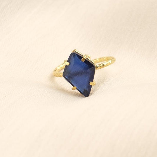 Handmade Minimalist Aquamarine Gemstone Ring, Diamond Inspired, Antique Looking And Vintage Style Gold Plated Ring With Subtle Sparkle