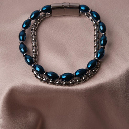 Half Blue Stone & Half Silver Stainless Steel Bracelet –Thick Chain Design for Men | Durable Wristwear | Bold Statement Piece | Gift for Him