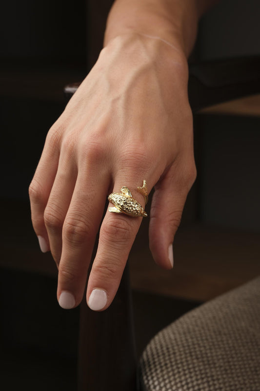 Handmade Dolphin Antique Looking Vintage Style Adjustable Ring, Gold Plated Dolphin Design, Playful Ocean Inspired Animal Statement Jewelry