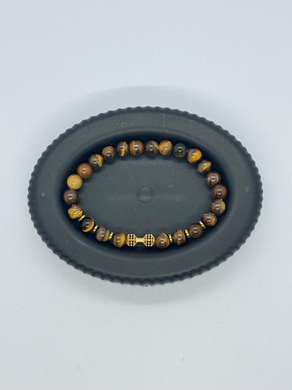 Gold Dumbbell Tiger Eye Bracelet for Him, Unique Gift Sacral Chakra Protection Gemini,Scorpio, Taurus, Cancer, Hematite Gym Bracelet for Men