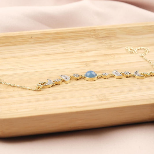 Aquamarine Moon & Star Charm Bracelet for Women, Gold Celestial Jewelry with Soft Blue Accent Stone, Calm Gift for Her, 22cm / 8.66in