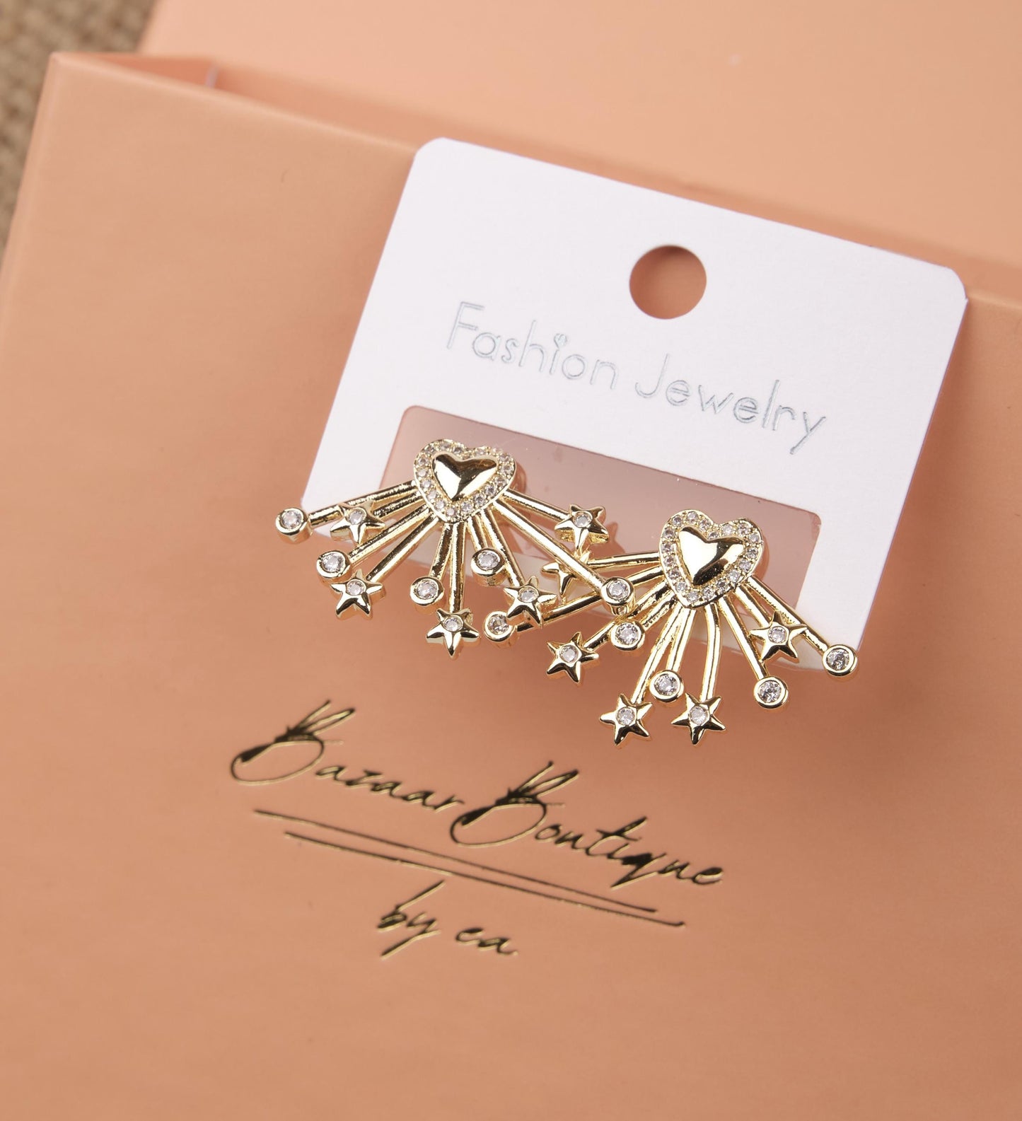 Gold Heart And Star Arrow Earrings, Summer Love Statement Hoops For Women, Light-Filled Fashion Made In Brass