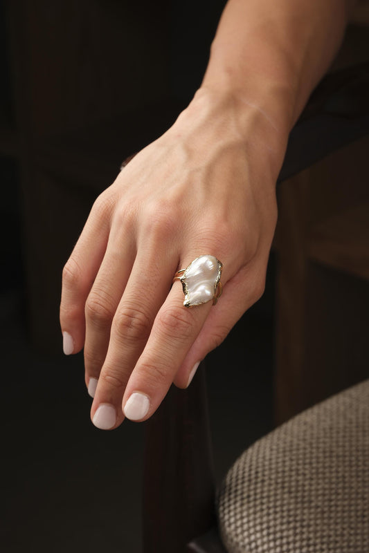 Handmade Genuine Pearl Statement, Antique Looking And Vintage Style Gold Plated Ring With Sculptural Artistic Abstract Design For Women