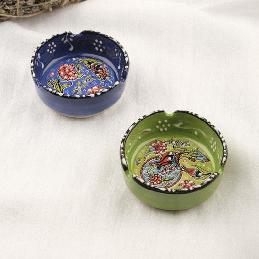 Buy1 Get1 | Green & Navy Blue Ceramic Ashtray Set with Vintage Lids, Handmade Small Smoking Trays, Elegant Antique Style Decorative Ashtrays