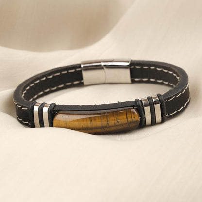 Handmade Tiger’s Eye and Ox Leather Men’s Bracelet, Bold and Classy Design with Titanium Lock, Natural Gemstone Jewelry | 22 cm (8.66 in)