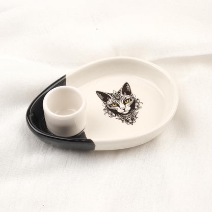 Meditating Cat Design White Ceramic Palo Santo Holder | Smudge And Ash Tray For Energy Cleansing | 14x10x3cm Ash Catcher for Sandal Incense