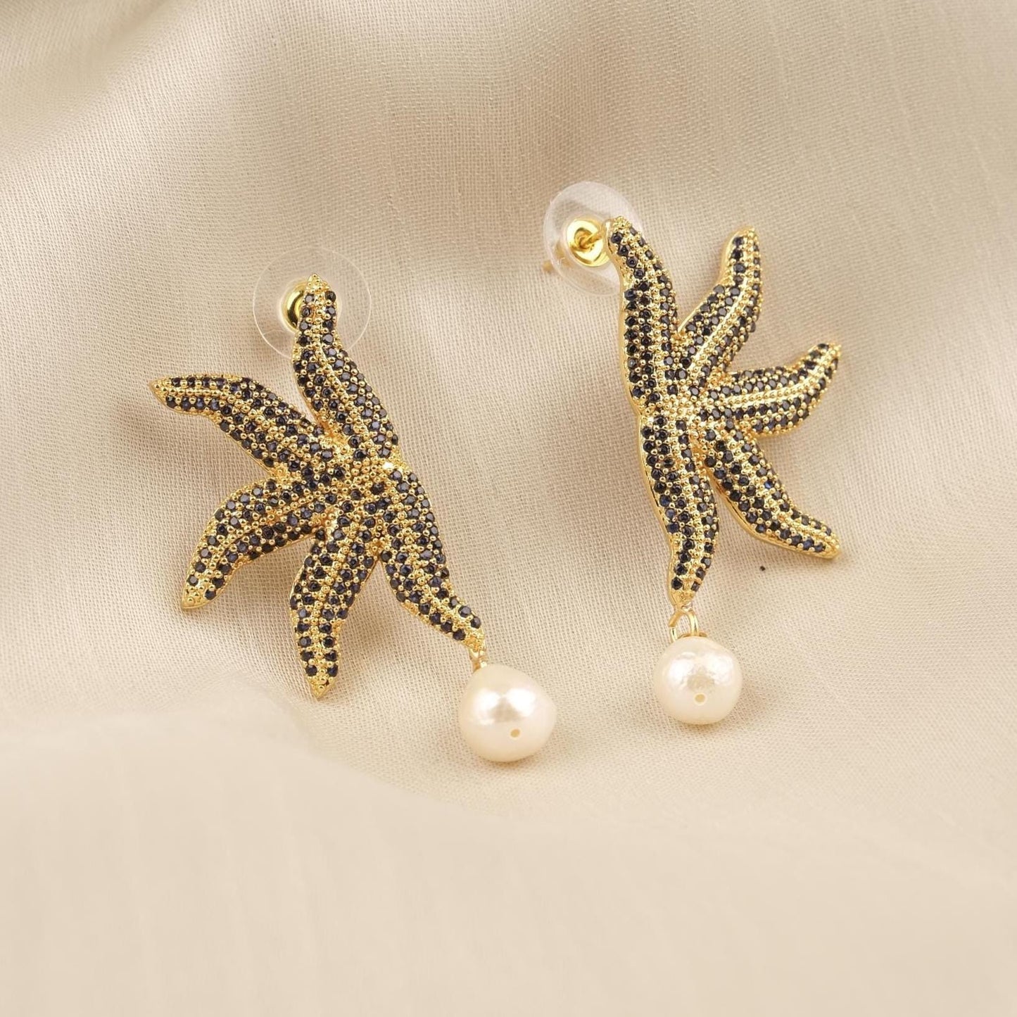 Handmade Real Pearl & Starfish Stud Earrings with Genuine Freshwater Pearl, Light Artistic Ocean-Inspired Design, Elegant Marine Style Gift
