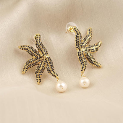 Handmade Real Pearl & Starfish Stud Earrings with Genuine Freshwater Pearl, Light Artistic Ocean-Inspired Design, Elegant Marine Style Gift
