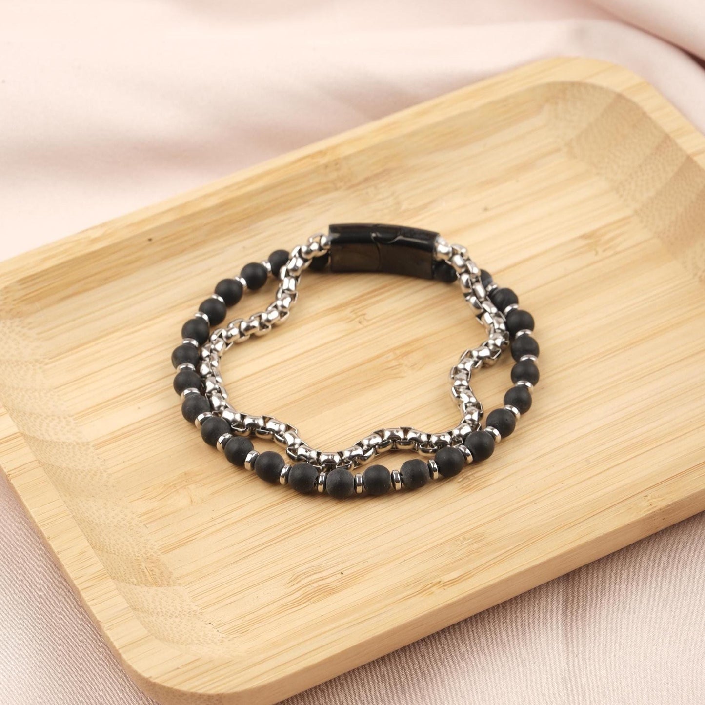 Stone of Strength, Black Matte Onyx & Hematite Leather Bracelet for Men, Crystal Protection Bracelet Gift, Bold Wristband, 21cm / 8.26in