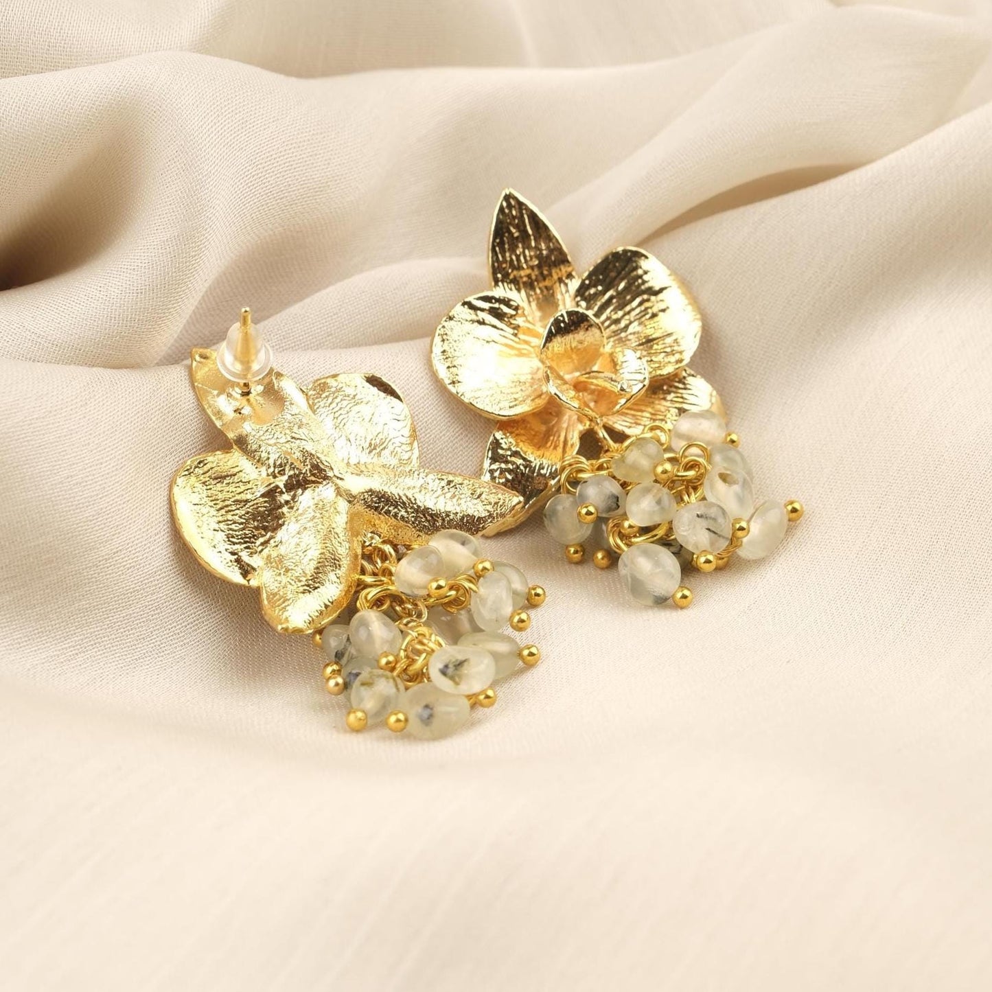 Prenhite Handmade Gold Plated Floral Stud Earrings With Gemstone Grapes, Artistic Botanical Jewelry, Statement Design For Elegant Looks