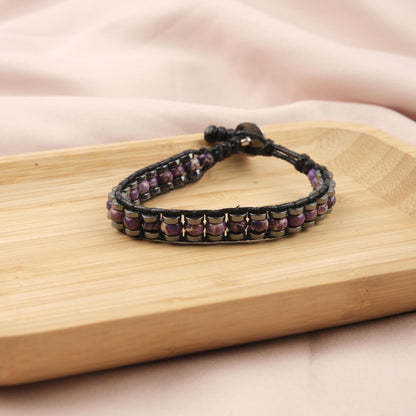 Stone of Clarity, Amethyst & Leather Bracelet for Men, Purple Crystal Bracelet Gift with Hematite, Stylish Wristband, 21cm / 8.26in