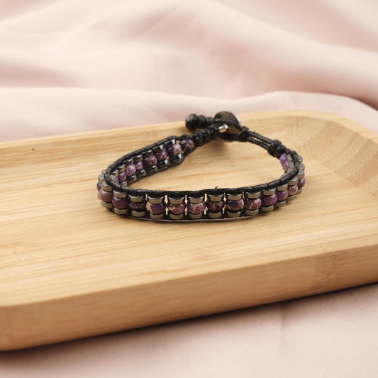Stone of Clarity, Amethyst & Leather Bracelet for Men, Purple Crystal Bracelet Gift with Hematite, Stylish Wristband, 21cm / 8.26in