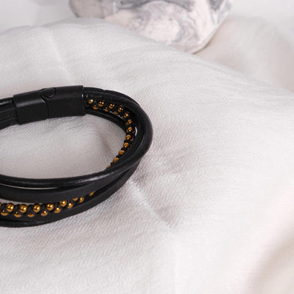 Black Genuine Leather Bracelet for Men with Gold Beads, Statement Jewelry Gift for Him