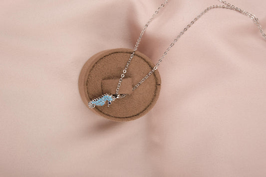 Silver And Purple Seahorse Necklace, A Minimal Brass Statement For Summer And Spring, Gentle Care Gift For Women