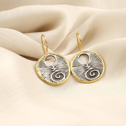 Handmade Abstract Chakra Dangles, Symbol Earrings, Dual Tone Gold Plated Bohemian Jewelry, Unique Artistic Design With Spiritual Symbolism