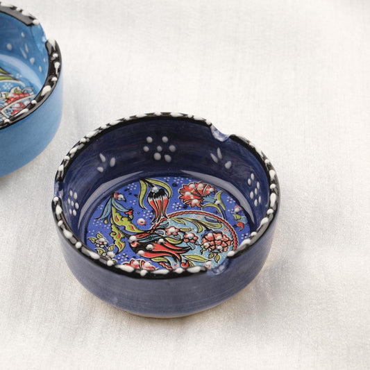 Buy1 Get1 | Blue & Navy Blue Ceramic Ashtray with Vintage Lid, Handmade Antique Style Small Smoking Tray, Elegant Decorative Ashtray Gift