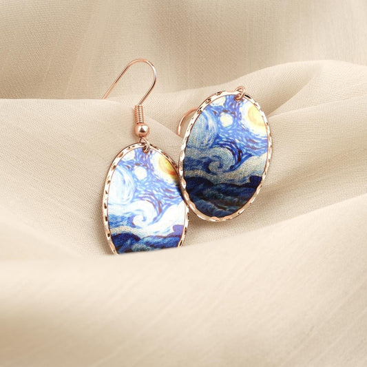 Vincent van Gogh “The Starry Night” Dangle Earrings in Pure Copper, Artistic Design | Handmade Vintage Style, Antique Looking Gift