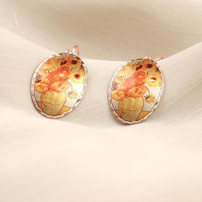 Vincent van Gogh “Vase with Fifteen Sunflowers” Dangle Earrings in Pure Copper, Artistic Design, Handmade Vintage Style Antique Looking Gift