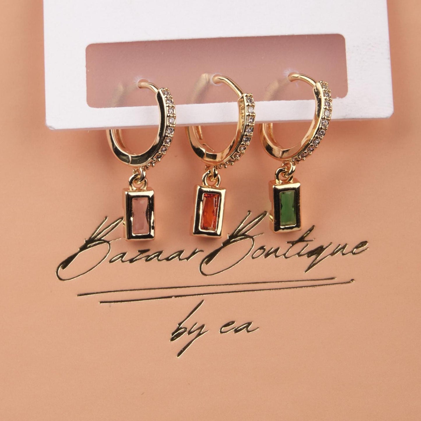 Gold Rectangle Emerald Earrings Set, Buy 1 Get 1 Bundle Of 6, Minimalist Hypoallergenic Jewelry For Women, Made In Brass