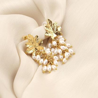 Handmade Genuine Pearls, Grape Stud Earrings, Gold Plated Artistic Cluster Design with Fresh Water Pearls Antique Looking Gift for Women