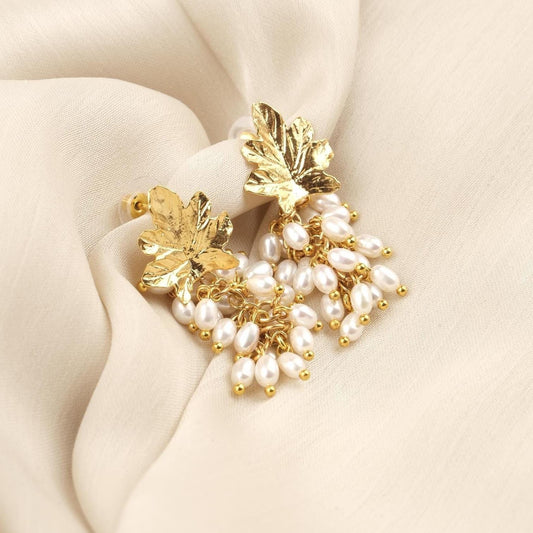 Handmade Genuine Pearls, Grape Stud Earrings, Gold Plated Artistic Cluster Design with Fresh Water Pearls Antique Looking Gift for Women