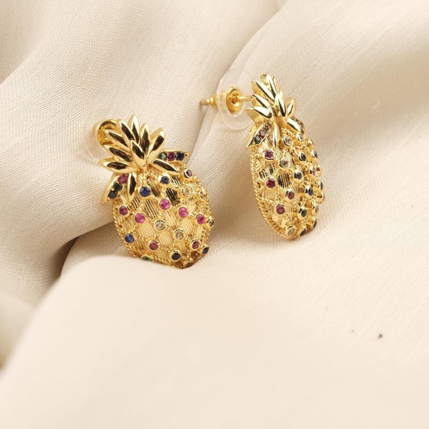 Handmade Gold Plated Pineapple Stud Earrings, Sparkling Diamond Detail Fruit Jewelry, Playful Tropical Design, Unique Fun Statement Style
