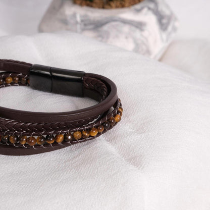 Black Leather & Tiger Eye Gemstone Men's Bracelet 22cm – Bold Braided Design with Natural Stone Accent, Durable Genuine Leather Wristwear