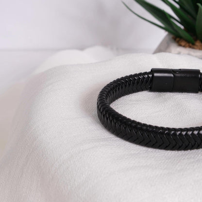 Matte Black Braided Leather Men's Bracelet 22cm, Minimalist Genuine Leather Wristband with Magnetic Clasp | Bold Modern Gift for Him