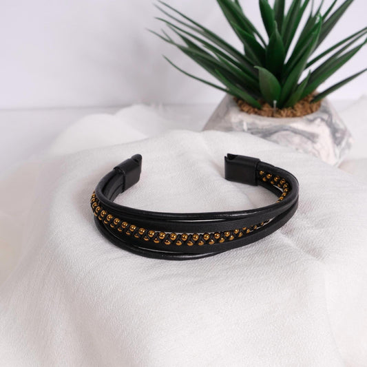 Black Genuine Leather Bracelet for Men with Gold Beads, Statement Jewelry Gift for Him