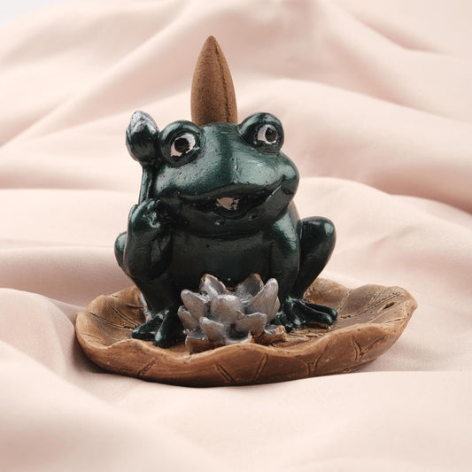 Lucky Frog Backflow Incense Burner with Ash Lid | 10 cm and 3.9 in Mini Resin Incense Fountain, Unique Zen Gift, Smoke Waterfall Holder
