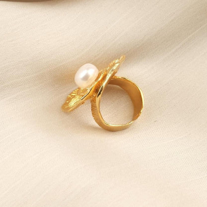 Handmade Genuine Pearl Ring Flower Design & Antique Looking And Vintage Style Timeless Gold Plated Adjustable , Elegant Bold  Jewelry Gift