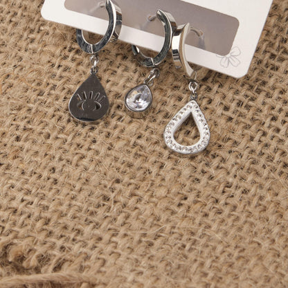Silver Eye, Drop And Diamond Earrings Set Of 6, Refined Hypoallergenic Jewelry For Women, Symbolic Minimalism In Brass