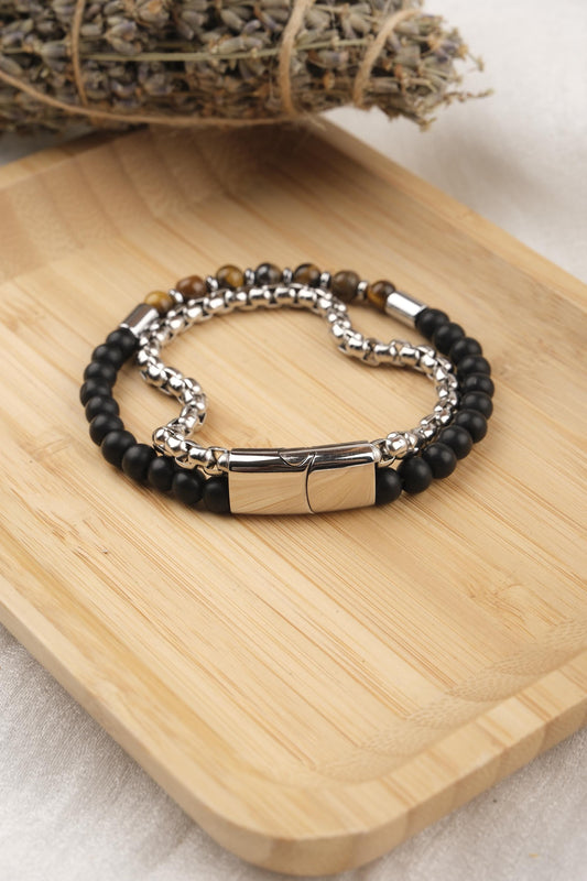 Stones of Strength and Focus, Tiger Eye and Hematite Leather Bracelet for Men, Crystal Bracelet Gift for Him or Boyfriend