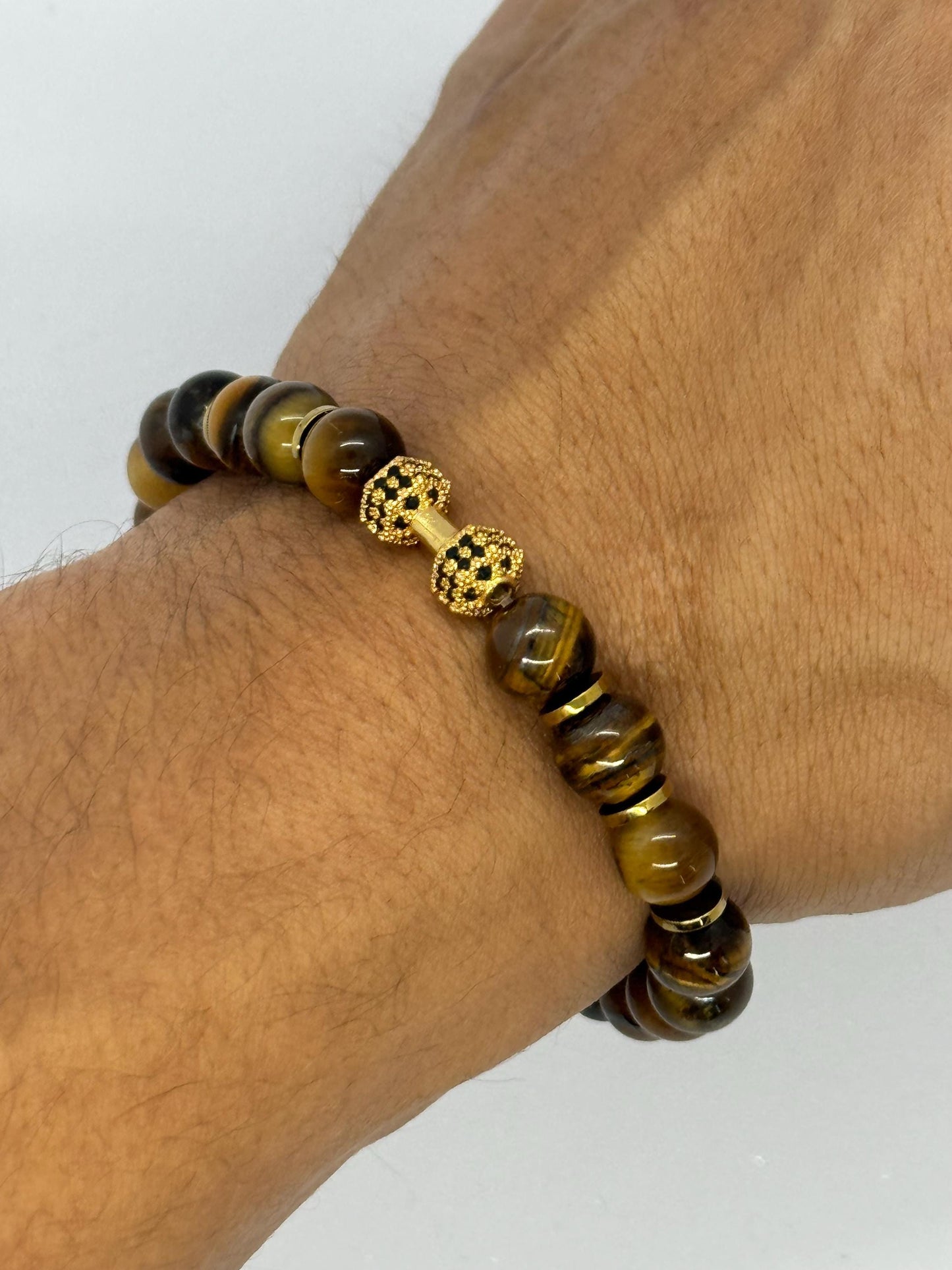 Gold Dumbbell Tiger Eye Bracelet for Him, Unique Gift Sacral Chakra Protection Gemini,Scorpio, Taurus, Cancer, Hematite Gym Bracelet for Men