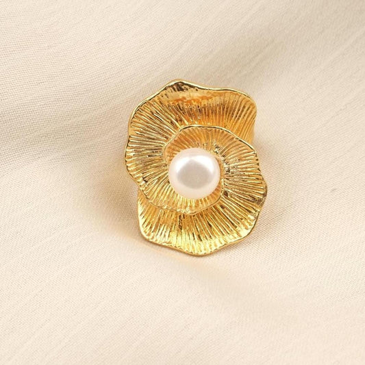 Handmade Genuine Pearl Ring Flower Design & Antique Looking And Vintage Style Timeless Gold Plated Adjustable , Elegant Bold  Jewelry Gift