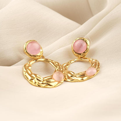 Handmade Gold Plated Stud Earrings with Rose Quartz Gemstones, Artistic Drop Design, Vintage Style Elegant Gift, Unique Statement Jewelry