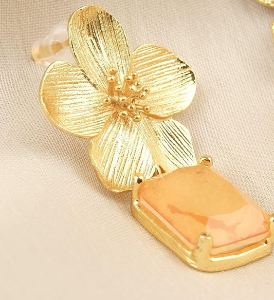 Handmade Gold Plated Flower Stud Earrings, Elegant Orange Gemstone Drop Design, Artistic Floral Charm, Unique Statement Gift for Her