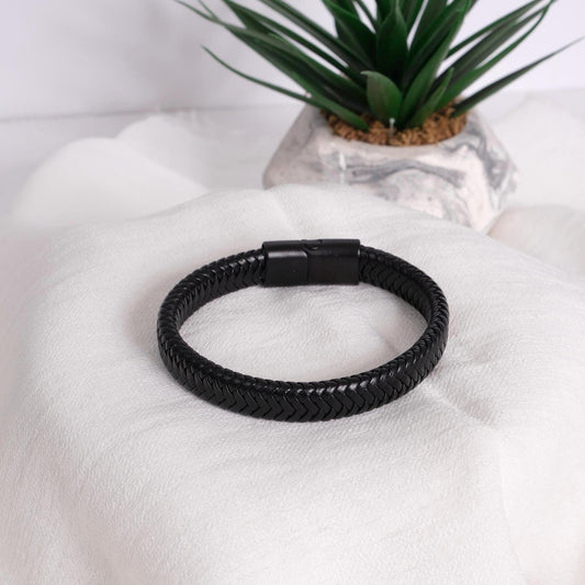 Matte Black Braided Leather Men's Bracelet 22cm, Minimalist Genuine Leather Wristband with Magnetic Clasp | Bold Modern Gift for Him
