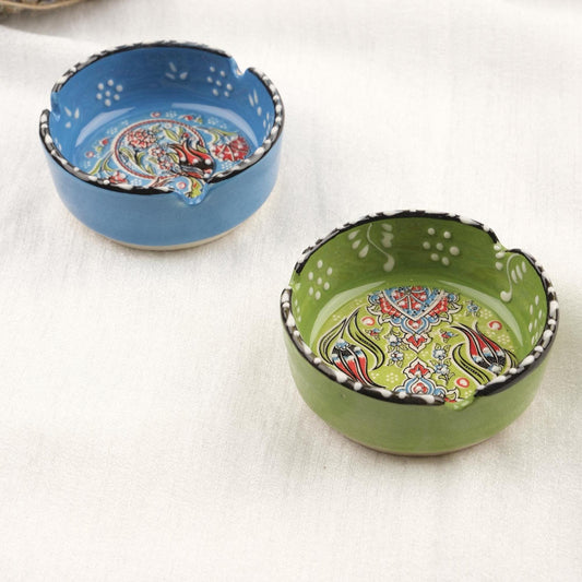 Buy1 Get1 | Green & Blue Ceramic Ashtray Set with Vintage Lids, Handmade Small Smoking Trays, Elegant Antique Style Decorative Ashtrays