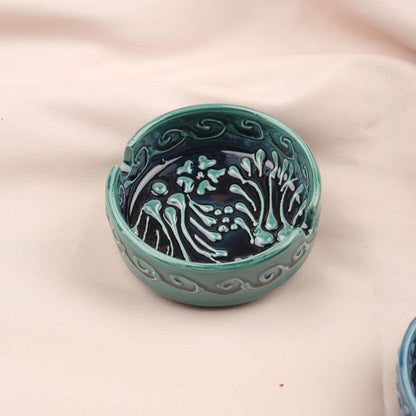 BUY 1 GET 1 Sunstone Balance – Gray & Blue Mandala Ashtray Set of 2, Handmade Ceramic with Anatolian Design, Boho Chic Decor