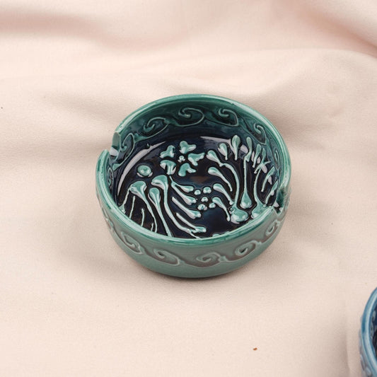 BUY 1 GET 1 Sunstone Balance – Gray & Blue Mandala Ashtray Set of 2, Handmade Ceramic with Anatolian Design, Boho Chic Decor