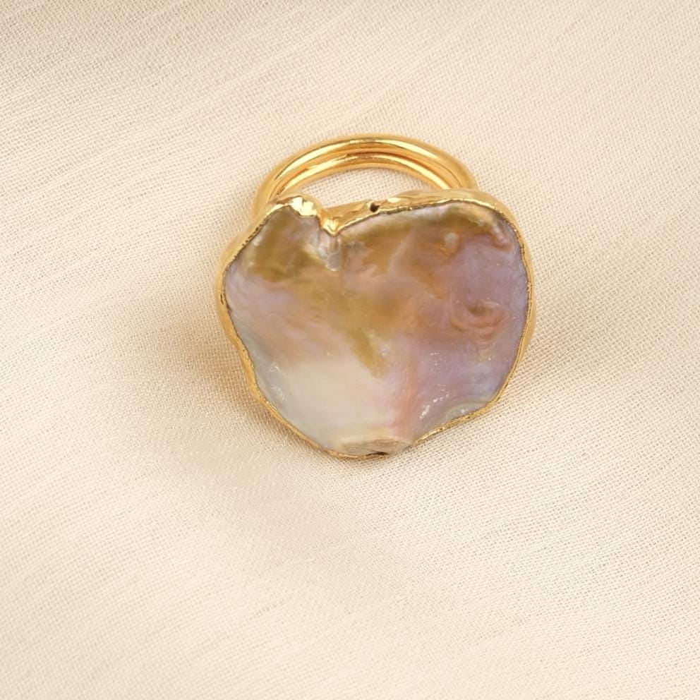 Handmade Genuine Pearl Statement, Antique Looking And Vintage Style Gold Plated Ring With Sculptural Artistic Abstract Design For Women