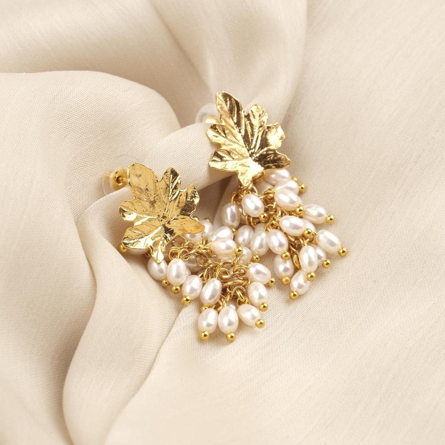 Handmade Genuine Pearls, Grape Stud Earrings, Gold Plated Artistic Cluster Design with Fresh Water Pearls Antique Looking Gift for Women
